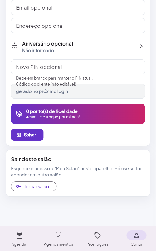 Cartão de fidelidade dentro do app da Cliente, mostrando o saldo de pontos