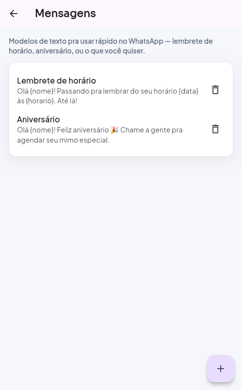 Tela de Mensagens prontas com modelos de lembrete e aniversário