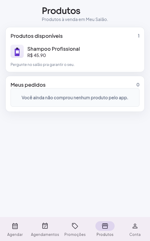 Aba própria de Produtos no app da Cliente, com vitrine e acompanhamento de pedidos